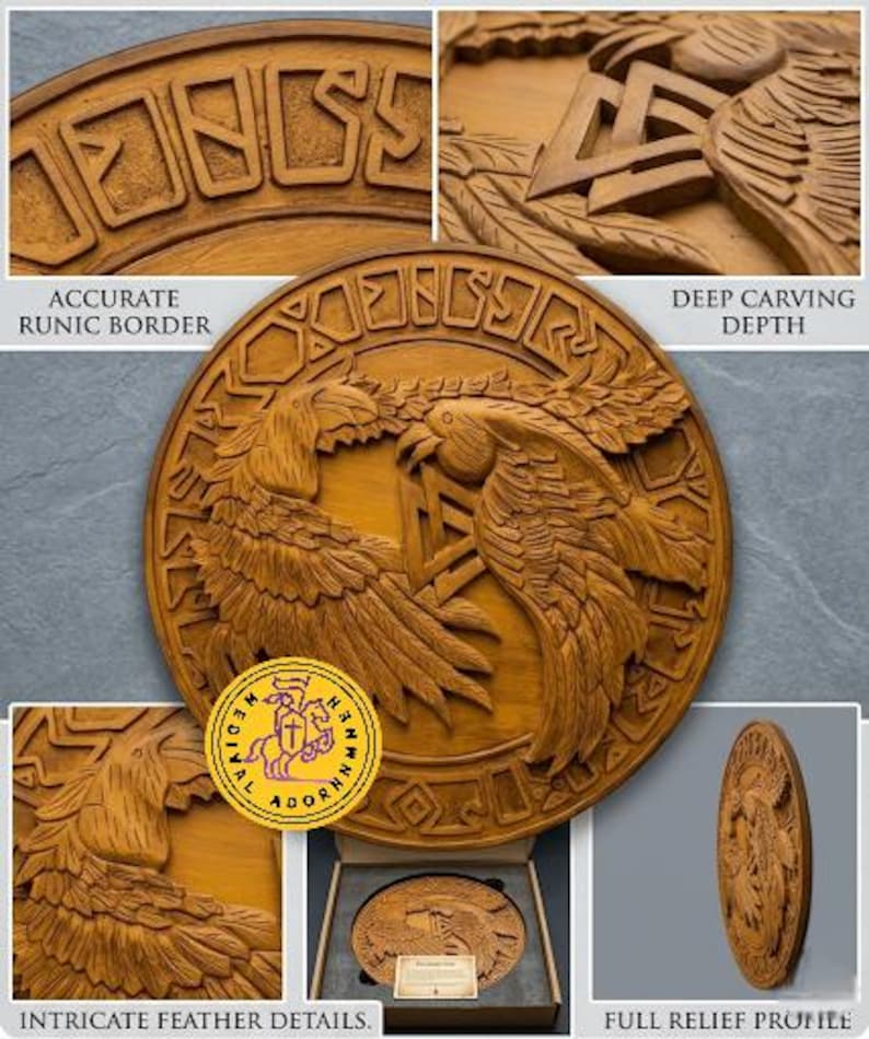 Hand Carved Viking Raven Shield Wall Decor, Huginn Muninn Norse Plaque, Scandinavian Art