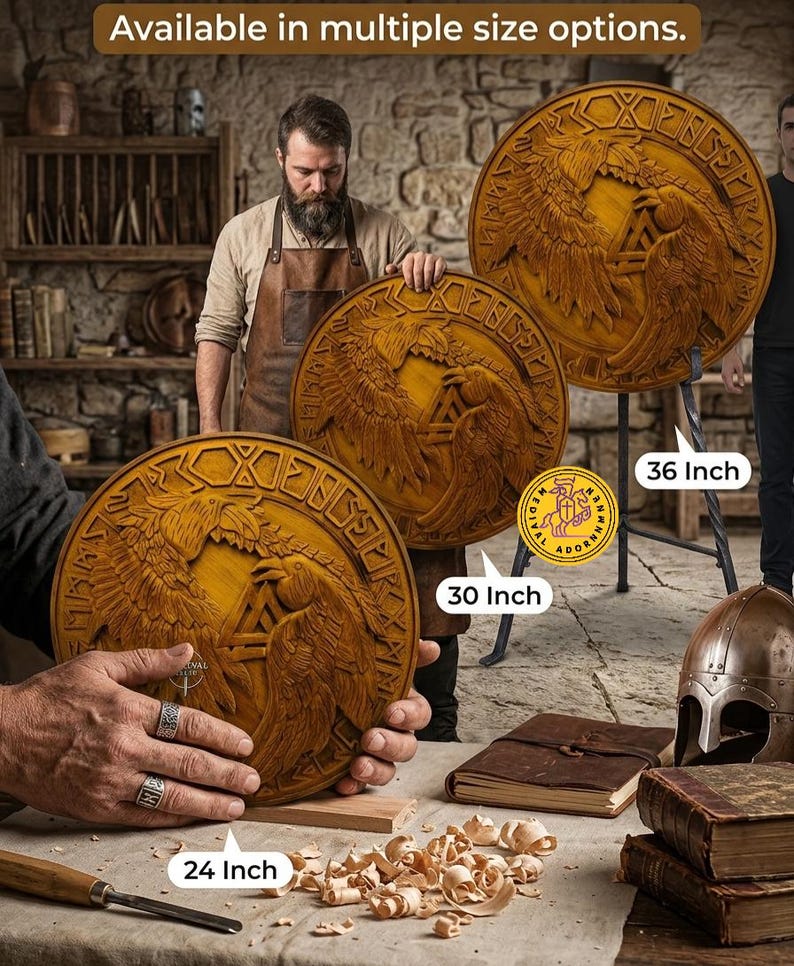 Hand Carved Viking Raven Shield Wall Decor, Huginn Muninn Norse Plaque, Scandinavian Art
