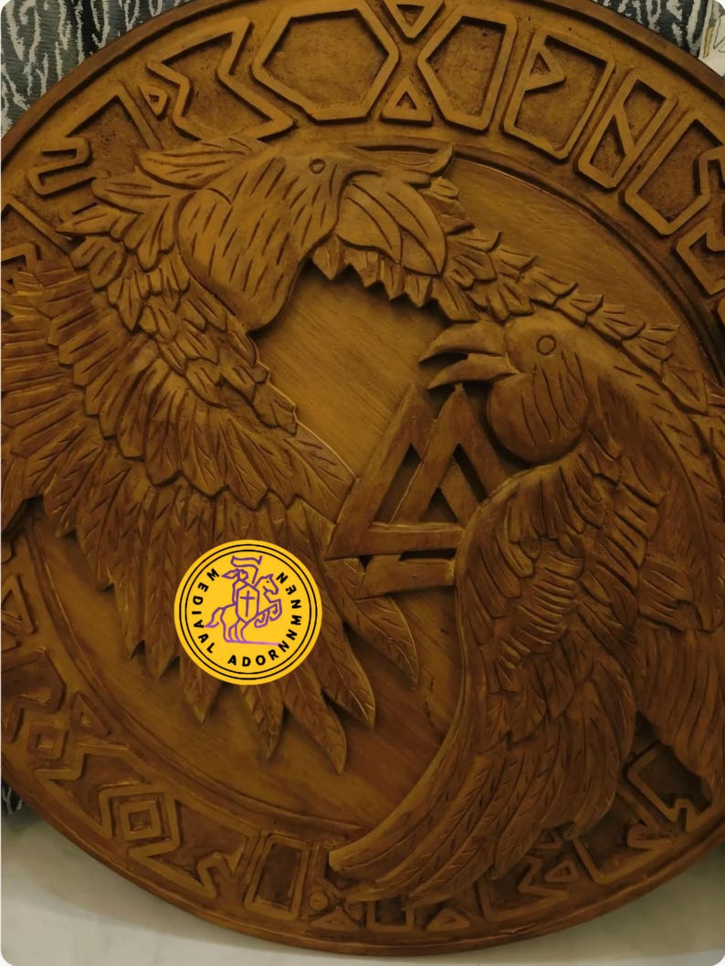 Hand Carved Viking Raven Shield Wall Decor, Huginn Muninn Norse Plaque, Scandinavian Art