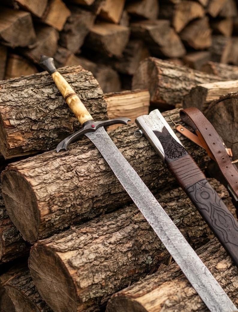 Blade tip detail of the hand forged Damascus longsword