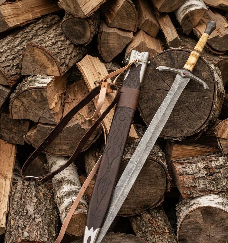 Hand Forged Damascus Steel Longsword – Engraved Bone Handle with Leather Sheath