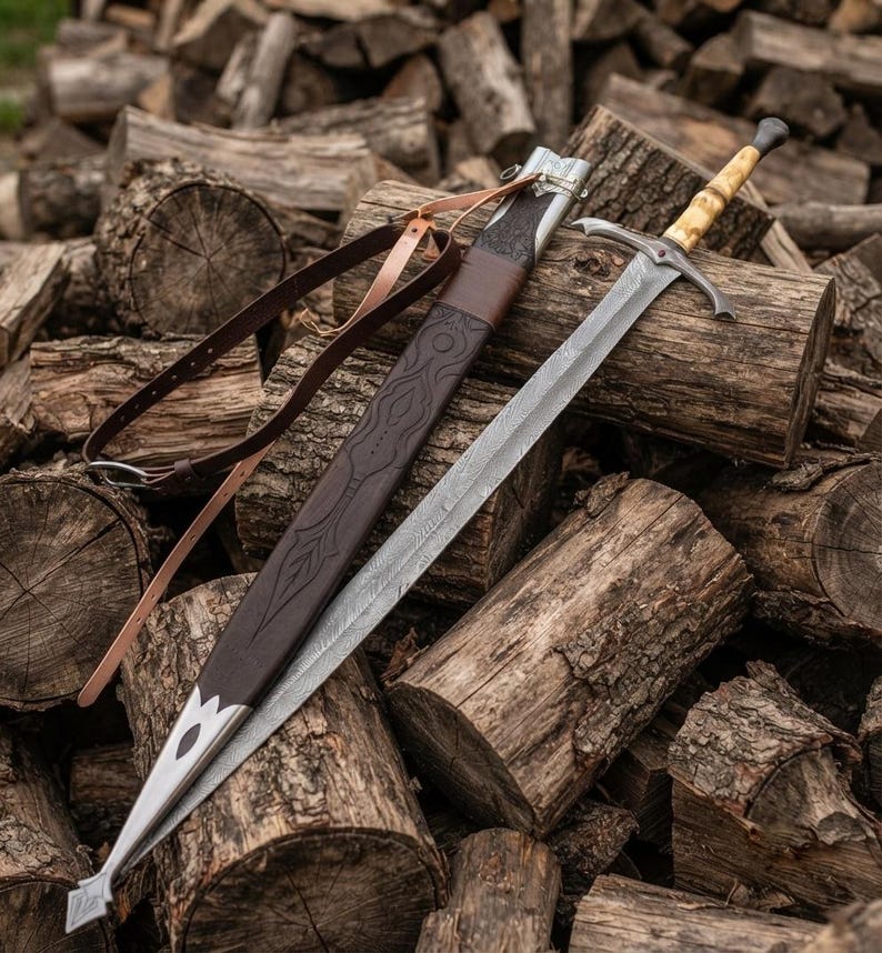 Hand Forged Damascus Steel Longsword – Engraved Bone Handle with Leather Sheath