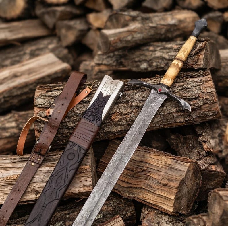 Hand forged Damascus steel longsword full view with bone handle