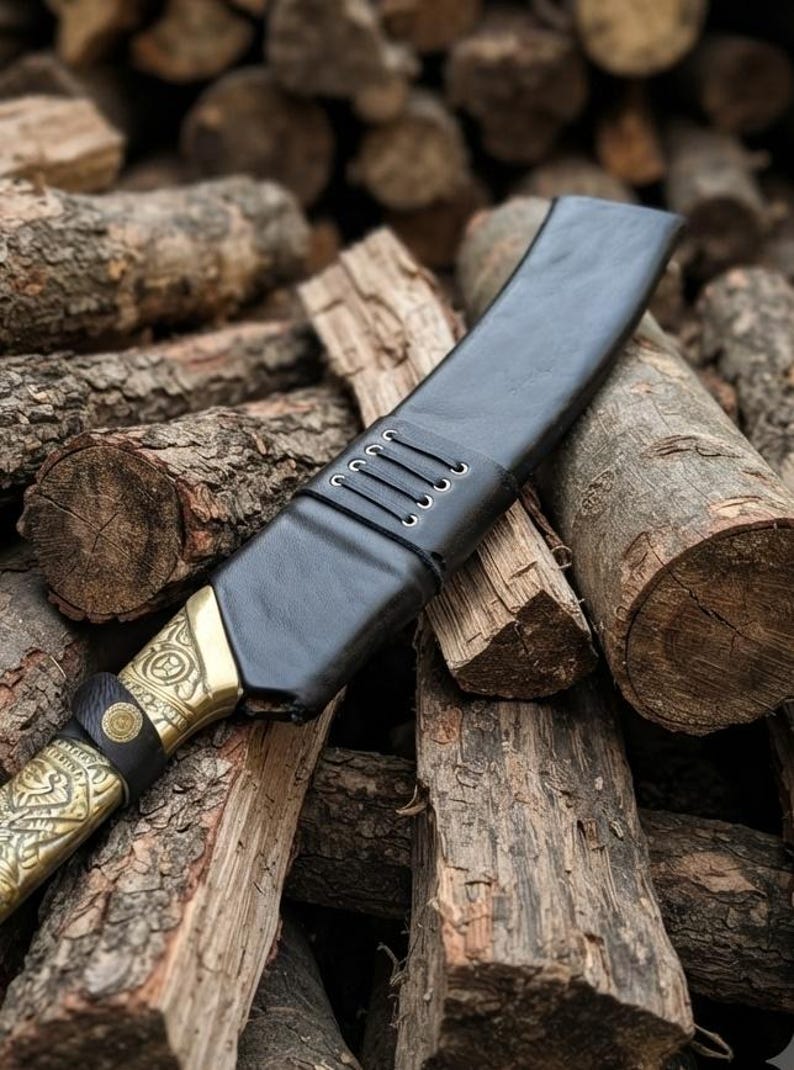 Hand-Forged Hellboy Machete: 14-Inch Leaf Spring Steel Blade, Rosewood Handle, Leather Scabbard