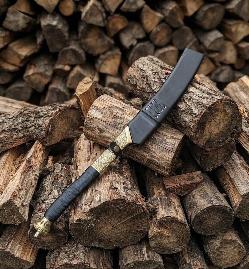 Hand-Forged Hellboy Machete: 14-Inch Leaf Spring Steel Blade, Rosewood Handle, Leather Scabbard