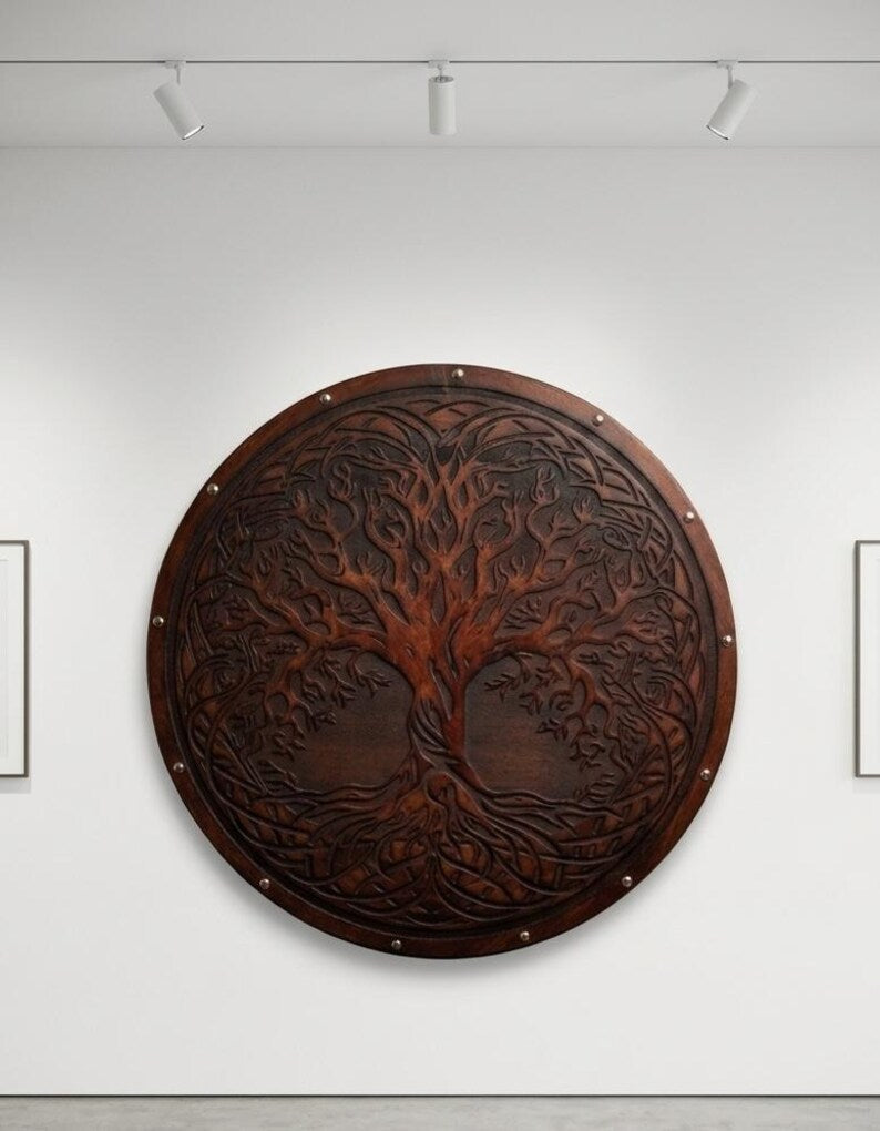 Handmade Yggdrasil Viking Shield – Wooden Tree of Life Wall Decor, Norse Mythology Art
