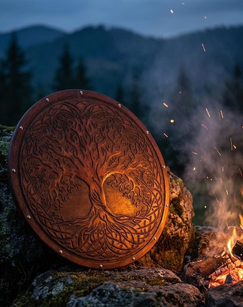 Handmade Yggdrasil Viking Shield – Wooden Tree of Life Wall Decor, Norse Mythology Art