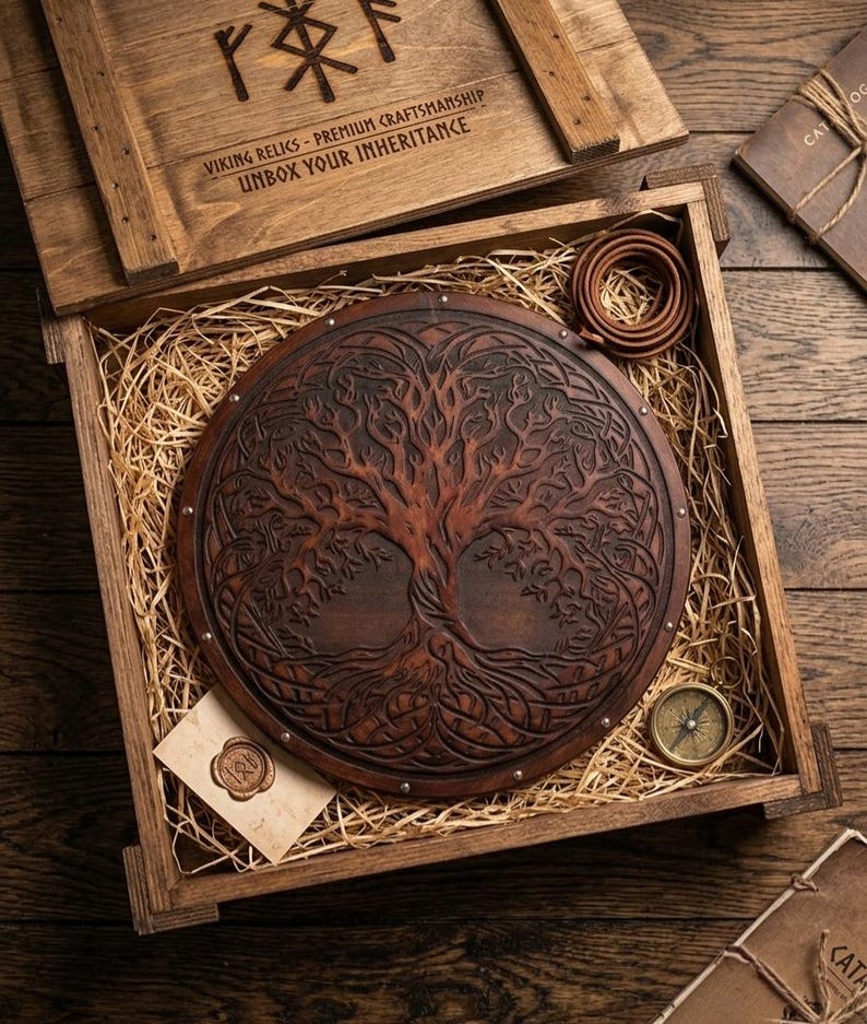 Handmade Yggdrasil Viking Shield – Wooden Tree of Life Wall Decor, Norse Mythology Art