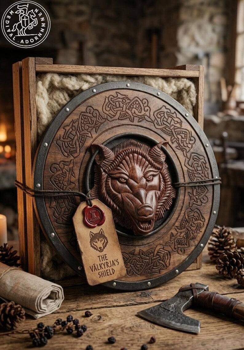 Handcrafted Fenrir Wolf Viking Shield – Wooden Norse Mythology Wall Decor (LARP Gift)