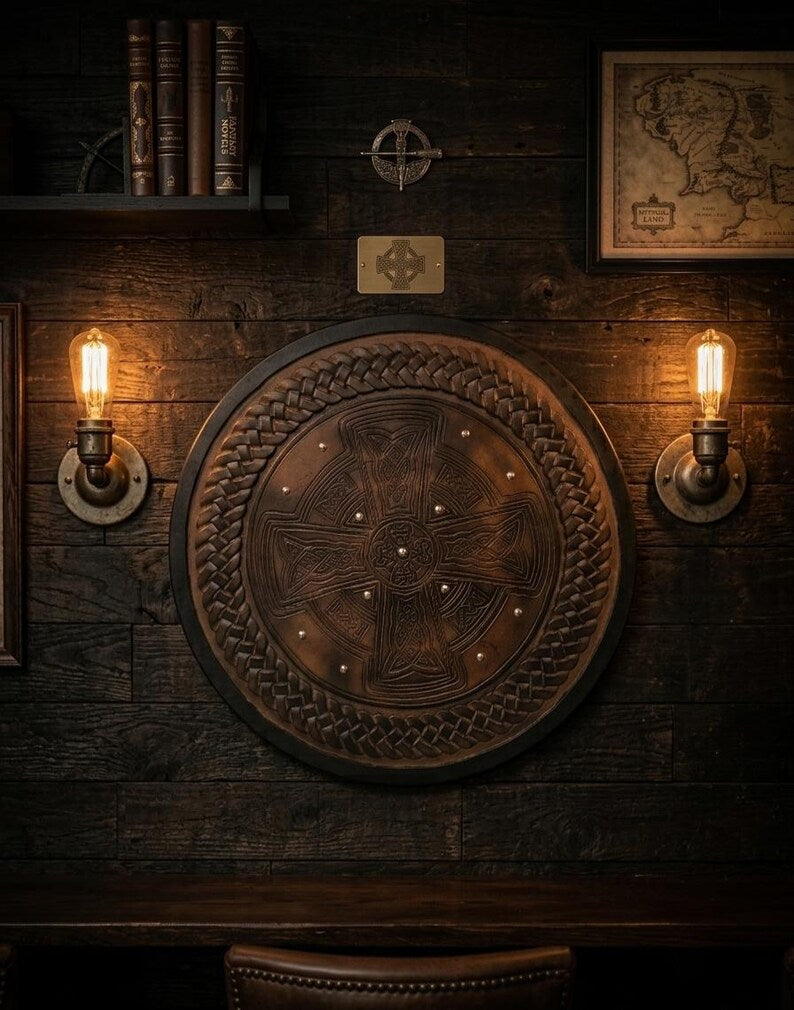 Handcrafted Celtic Cross Viking Shield – Wooden Norse Knotwork Wall Decor