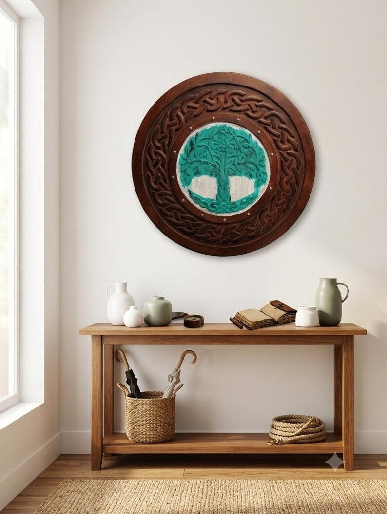 Handmade Wooden Viking Shield, Yggdrasil Tree of Life Norse Wall Decor