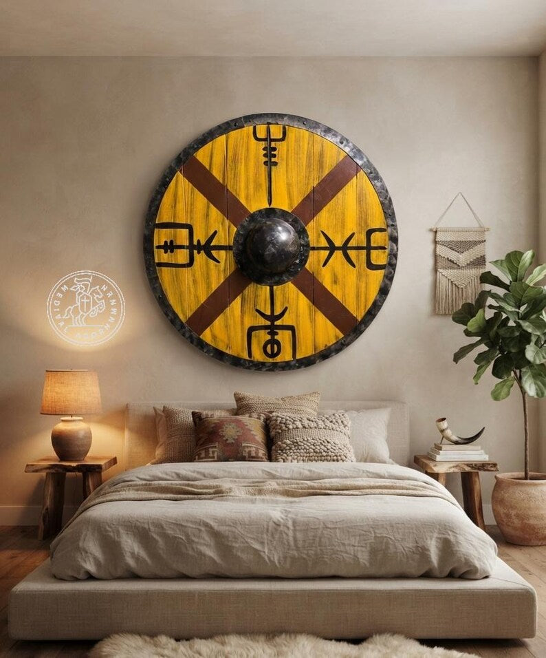 Handcrafted Vegvisir Viking Shield – Norse Compass Wooden Wall Decor, Medieval Warrior Gift