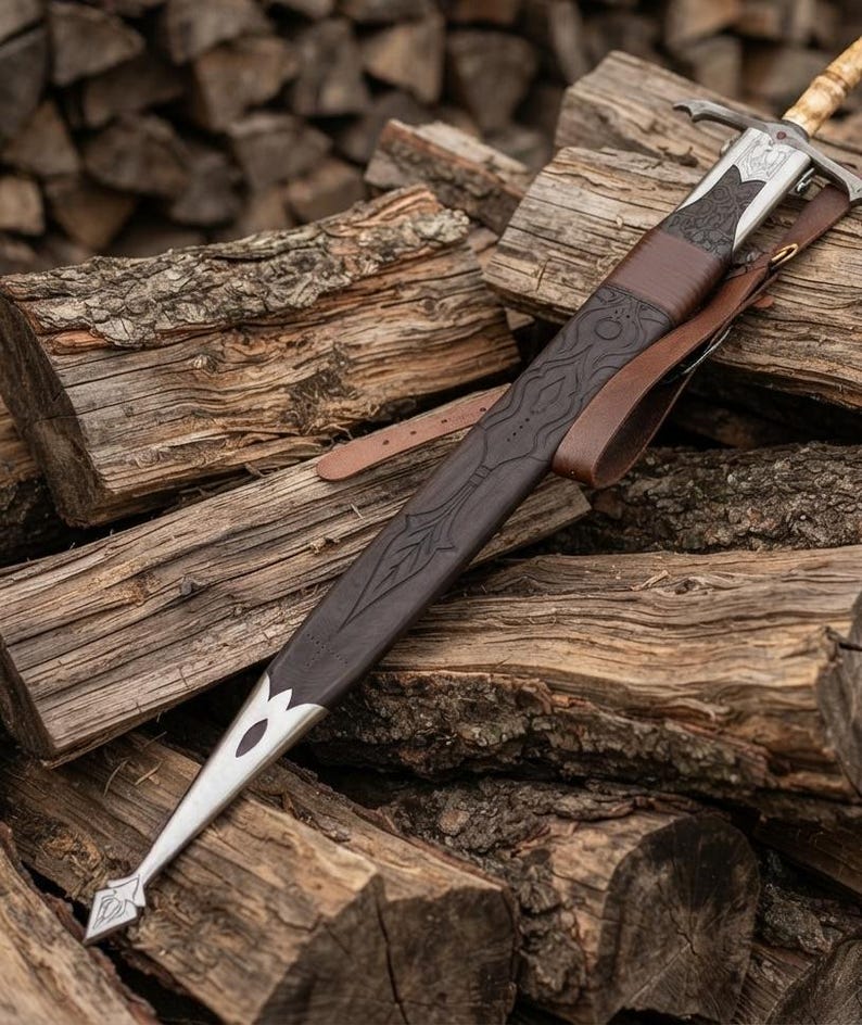 Additional detail view of the hand forged Damascus longsword