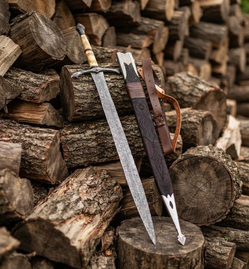 Hand Forged Damascus Steel Longsword – Engraved Bone Handle with Leather Sheath