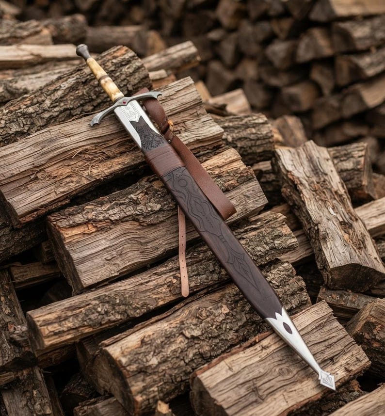Hand Forged Damascus Steel Longsword – Engraved Bone Handle with Leather Sheath