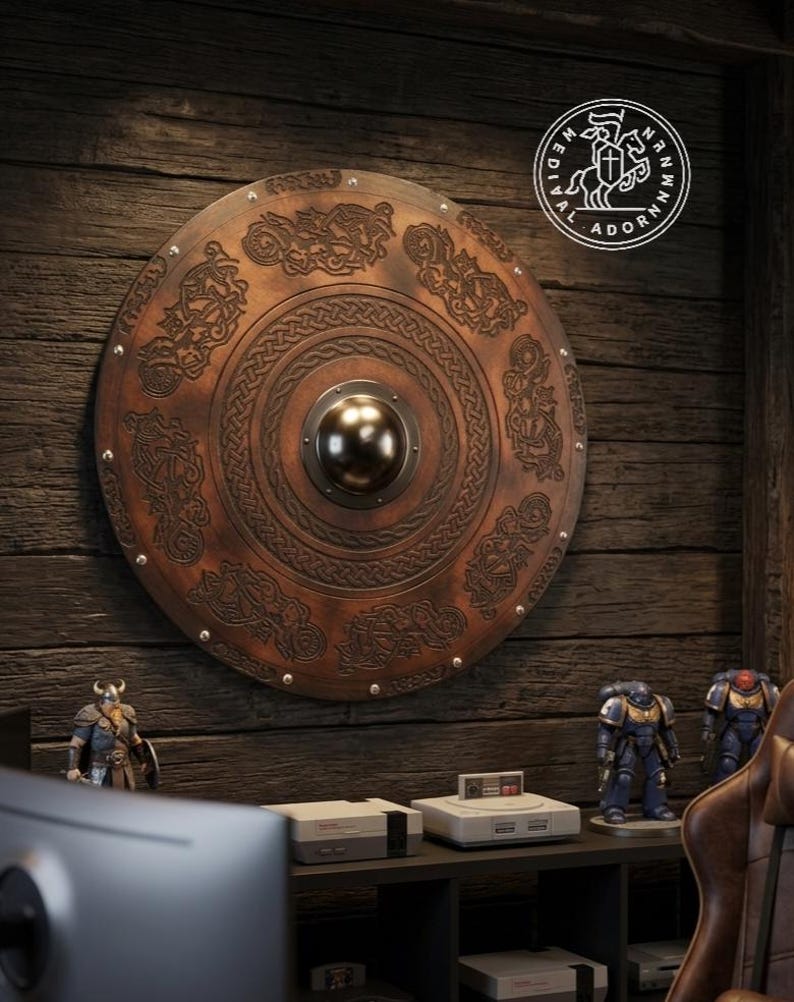 Handcrafted Wooden Viking Shield | Norse Knotwork, Medieval Cross, Scandinavian Decor