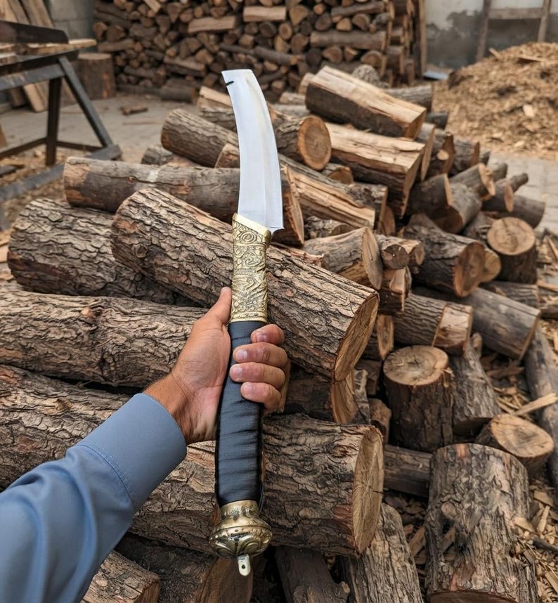 Hand-Forged Hellboy Machete: 14-Inch Leaf Spring Steel Blade, Rosewood Handle, Leather Scabbard