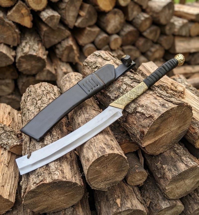 Hand-Forged Hellboy Machete: 14-Inch Leaf Spring Steel Blade, Rosewood Handle, Leather Scabbard