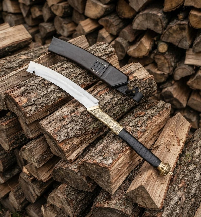 Hand-Forged Hellboy Machete: 14-Inch Leaf Spring Steel Blade, Rosewood Handle, Leather Scabbard