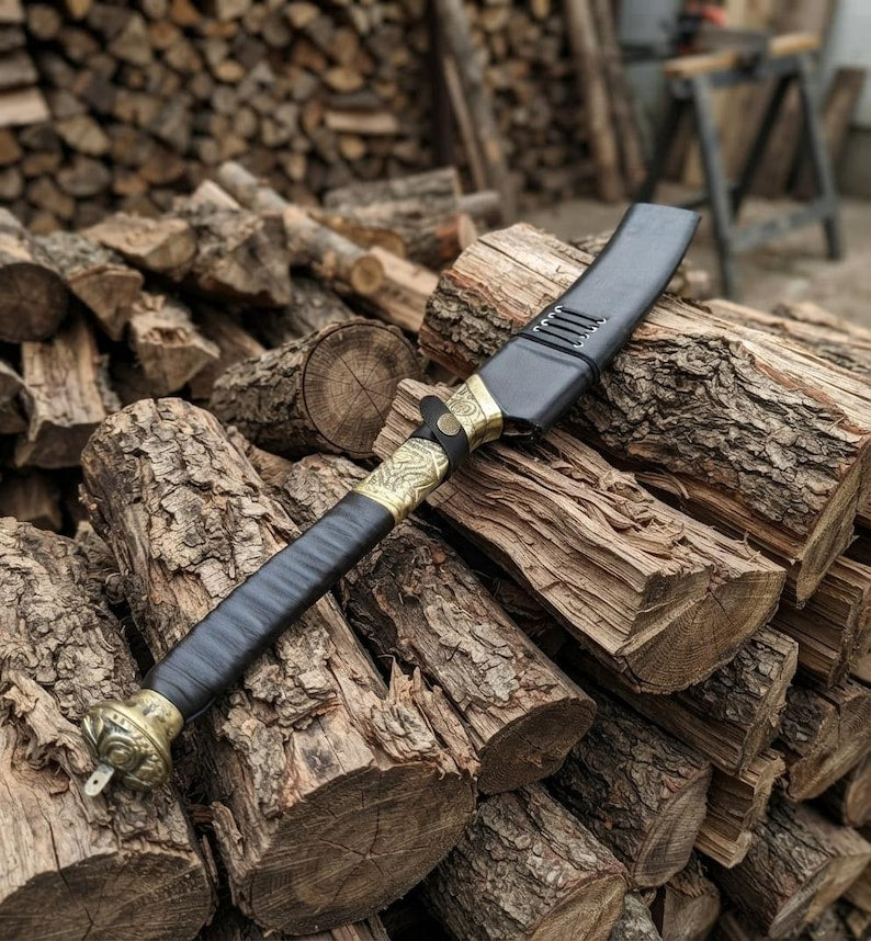 Hand-Forged Hellboy Machete: 14-Inch Leaf Spring Steel Blade, Rosewood Handle, Leather Scabbard