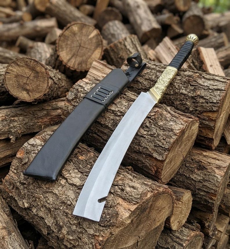 Hand-Forged Hellboy Machete: 14-Inch Leaf Spring Steel Blade, Rosewood Handle, Leather Scabbard