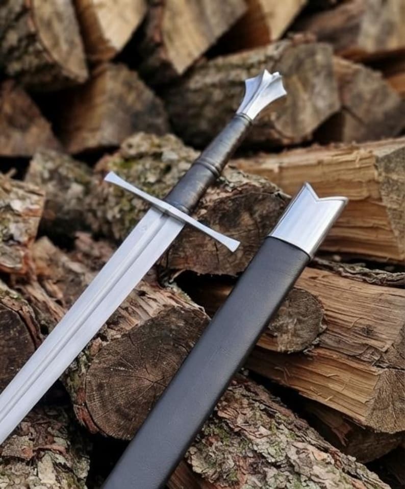 Leather-wrapped grip detail on the Gothic longsword