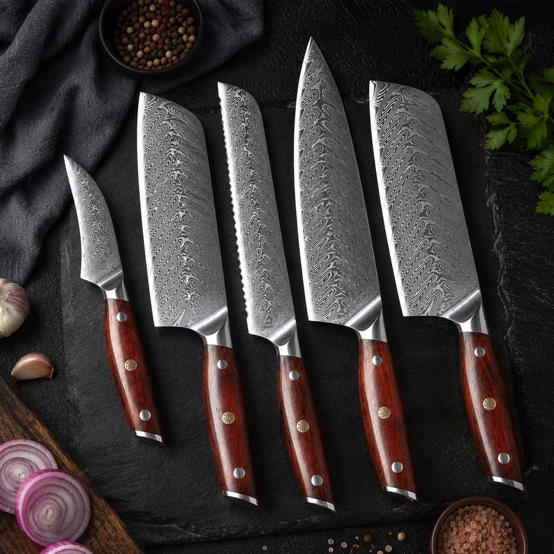 Handmade Damascus Steel Kitchen Knife Set (5-Piece) with Rosewood Handles | Chef, Cleaver, Carving & Utility Knives | Professional Culinary Gift Set