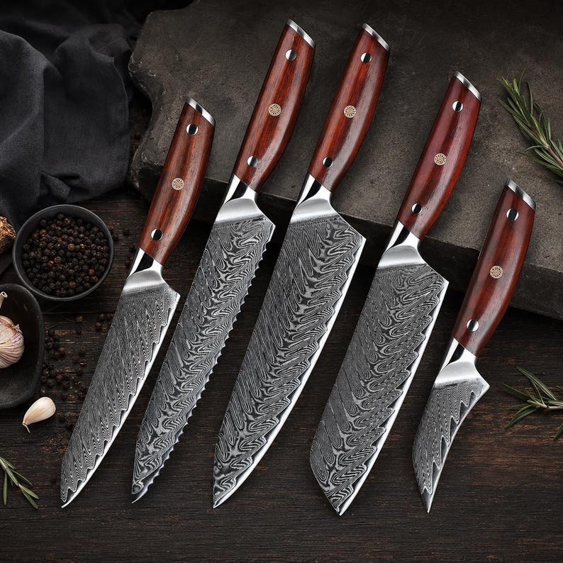 Handmade Damascus Steel Kitchen Knife Set (5-Piece) with Rosewood Handles | Chef, Cleaver, Carving & Utility Knives | Professional Culinary Gift Set