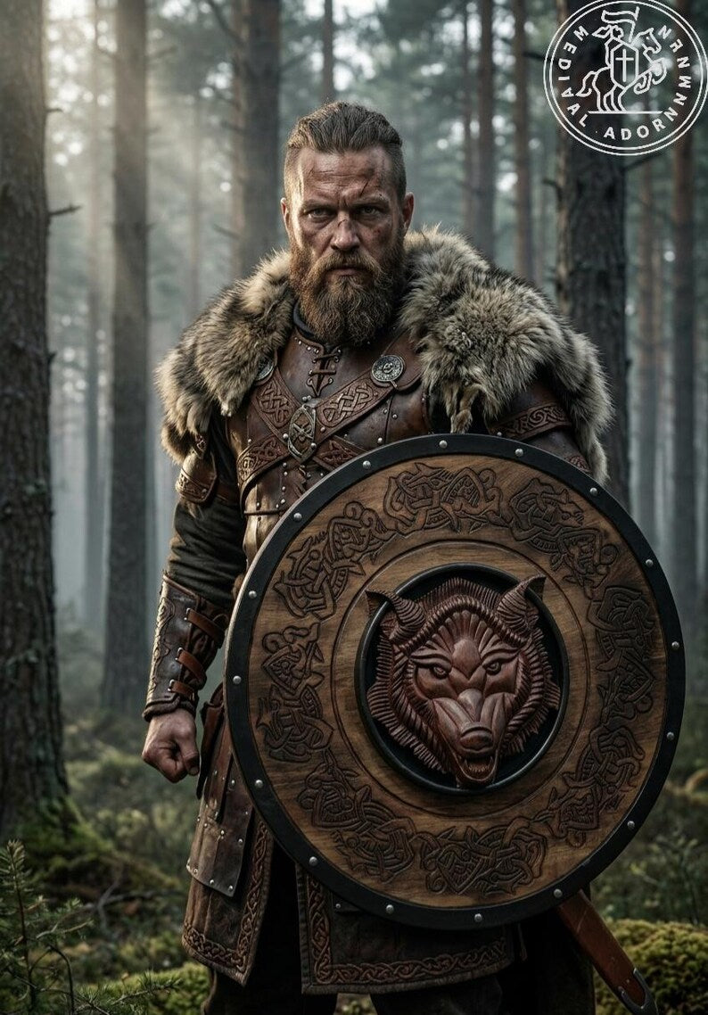 Handcrafted Fenrir Wolf Viking Shield – Wooden Norse Mythology Wall Decor (LARP Gift)