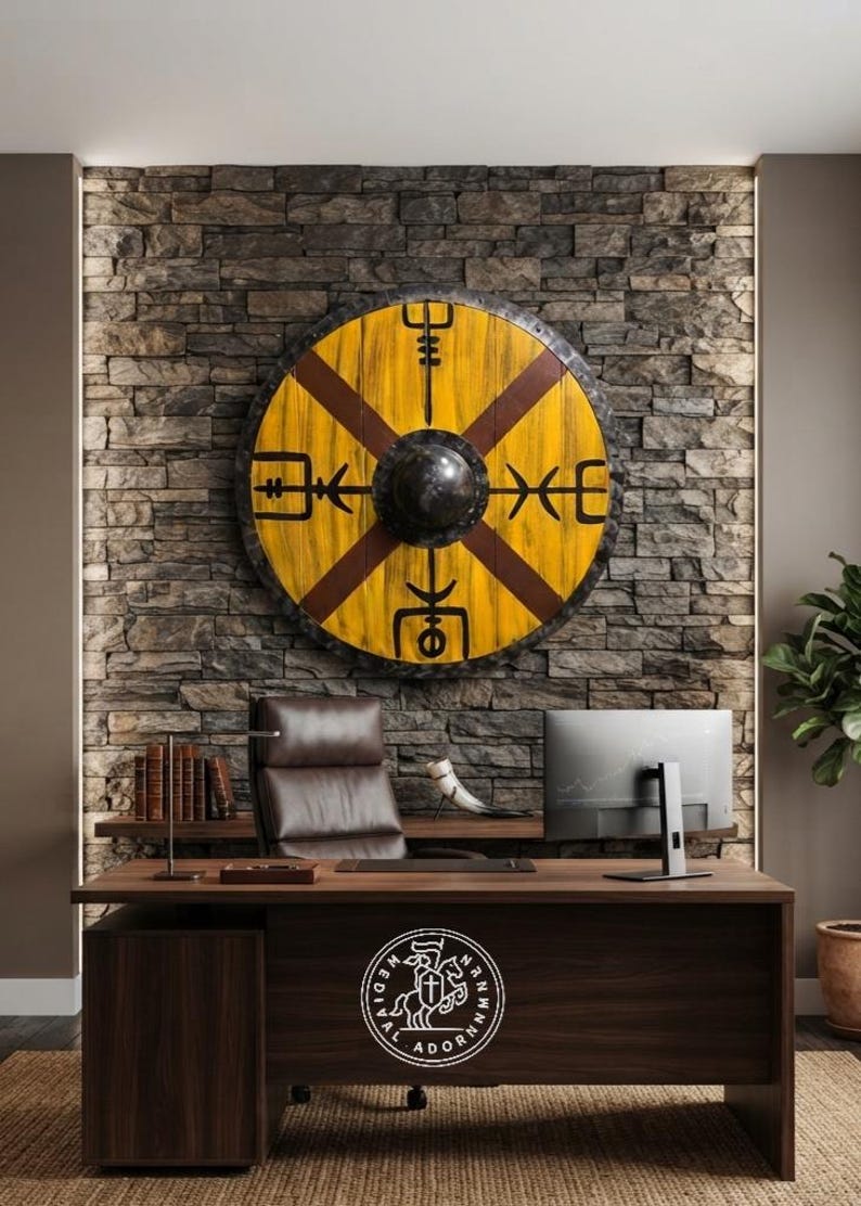 Handcrafted Vegvisir Viking Shield – Norse Compass Wooden Wall Decor, Medieval Warrior Gift