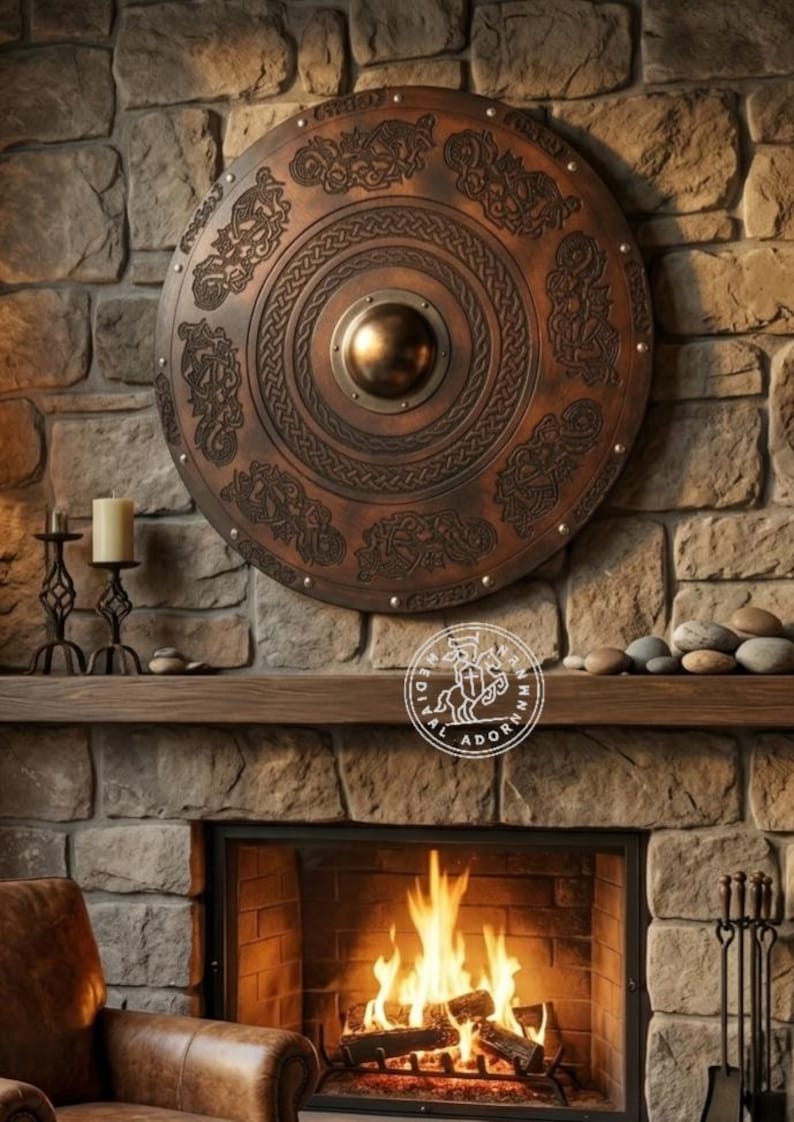 Handcrafted Wooden Viking Shield | Norse Knotwork, Medieval Cross, Scandinavian Decor