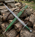 Hand forged Woodland Falchion sword full view with green leather scabbard