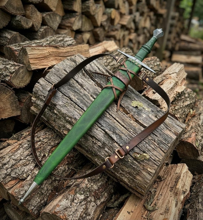 Full length view of the Woodland Falchion sword and scabbard