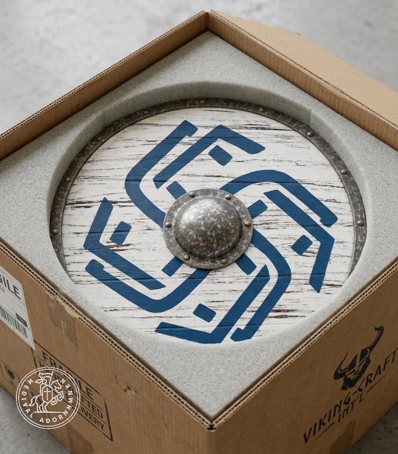 Handcrafted Wooden Viking Shield: Distressed Blue Norse Design, Battle-Worn Wall Decor