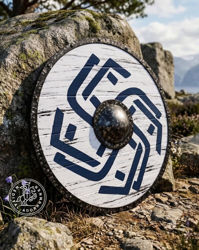 Handcrafted Wooden Viking Shield: Distressed Blue Norse Design, Battle-Worn Wall Decor