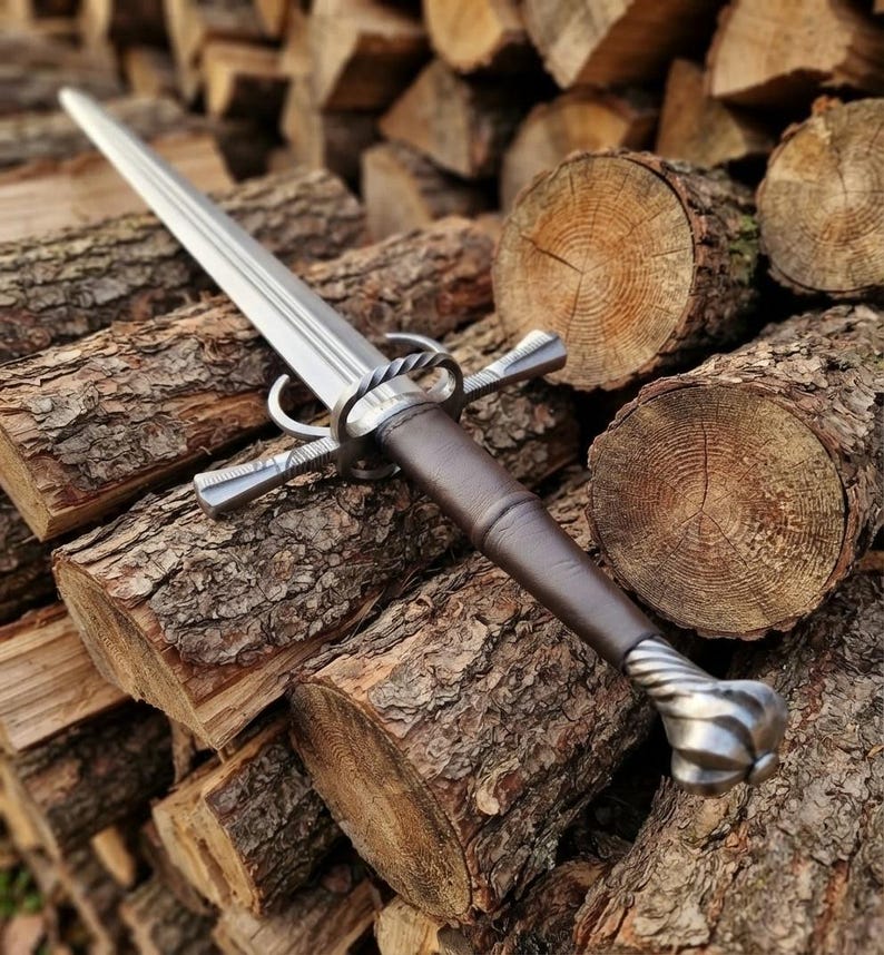 Hand forged two-handed Renaissance longsword full view with scabbard
