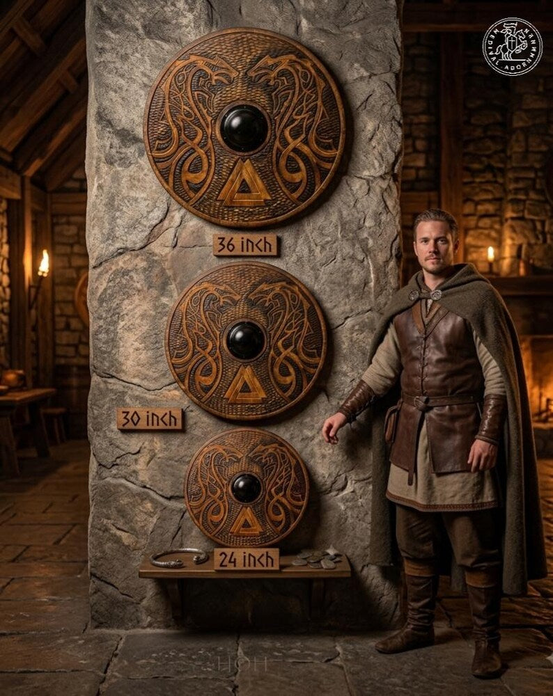 Hand Carved Wooden Viking Shield, Norse Knotwork Medieval Wall Decor, Cosplay LARP Warrior Accessory