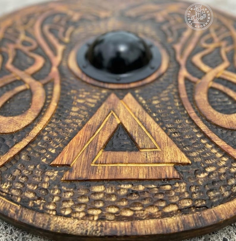 Hand Carved Wooden Viking Shield, Norse Knotwork Medieval Wall Decor, Cosplay LARP Warrior Accessory