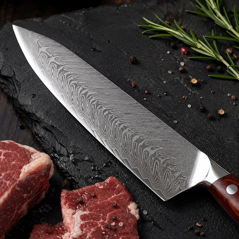 Handmade Damascus Steel Kitchen Knife Set (5-Piece) with Rosewood Handles | Chef, Cleaver, Carving & Utility Knives | Professional Culinary Gift Set
