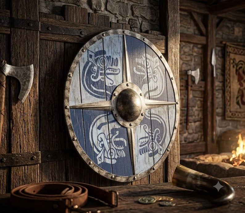 Handcrafted Viking Raven Shield, Round Wooden Norse Warrior Wall Decor