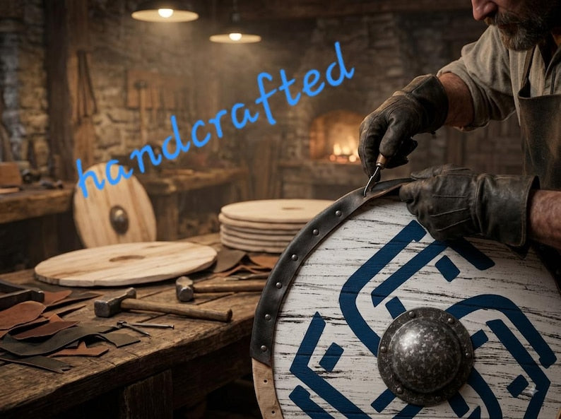 Handcrafted Wooden Viking Shield: Distressed Blue Norse Design, Battle-Worn Wall Decor