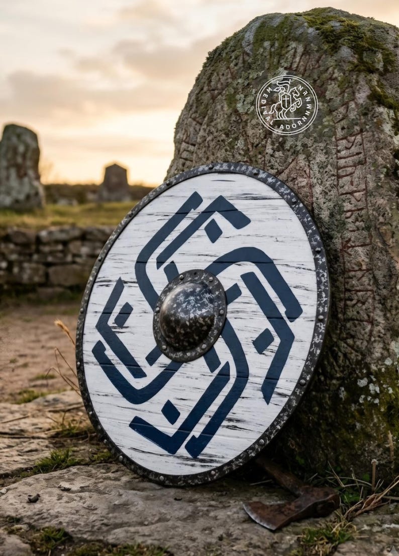 Handcrafted Wooden Viking Shield: Distressed Blue Norse Design, Battle-Worn Wall Decor
