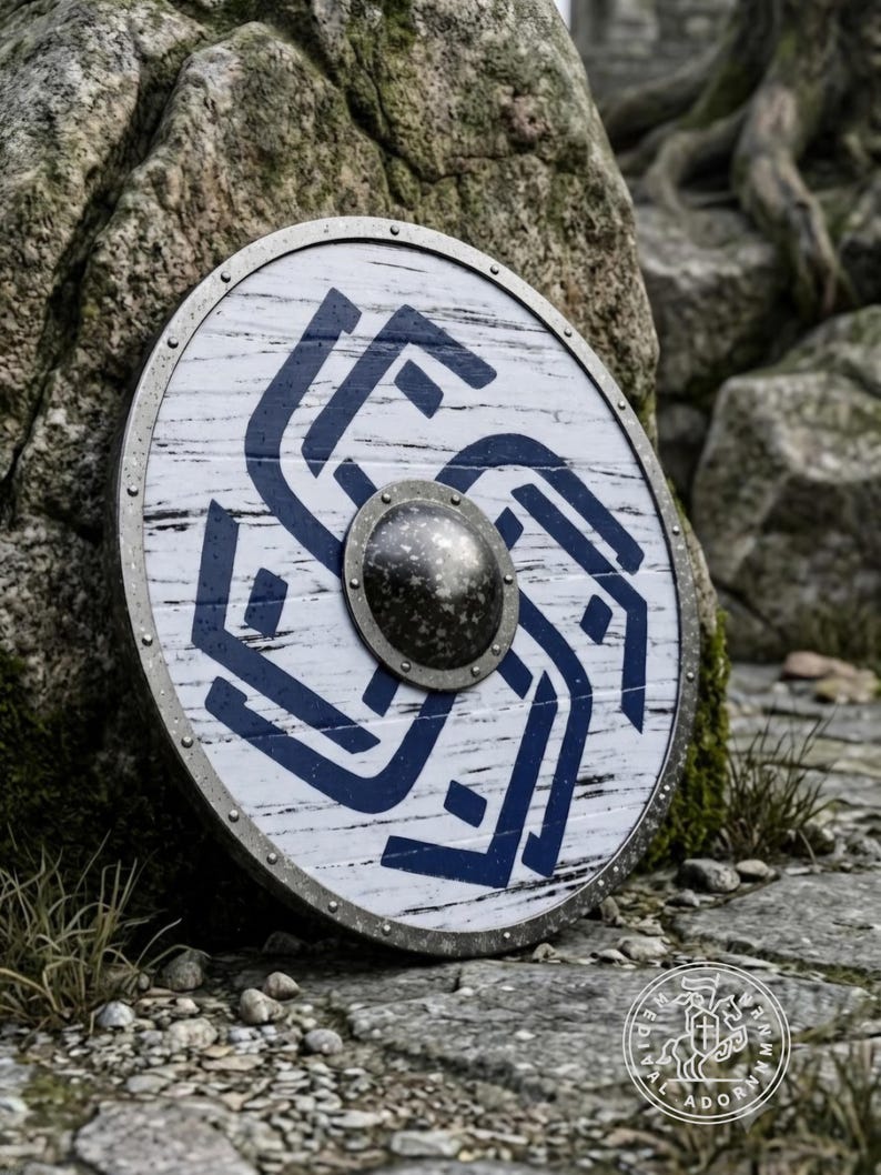Handcrafted Wooden Viking Shield: Distressed Blue Norse Design, Battle-Worn Wall Decor