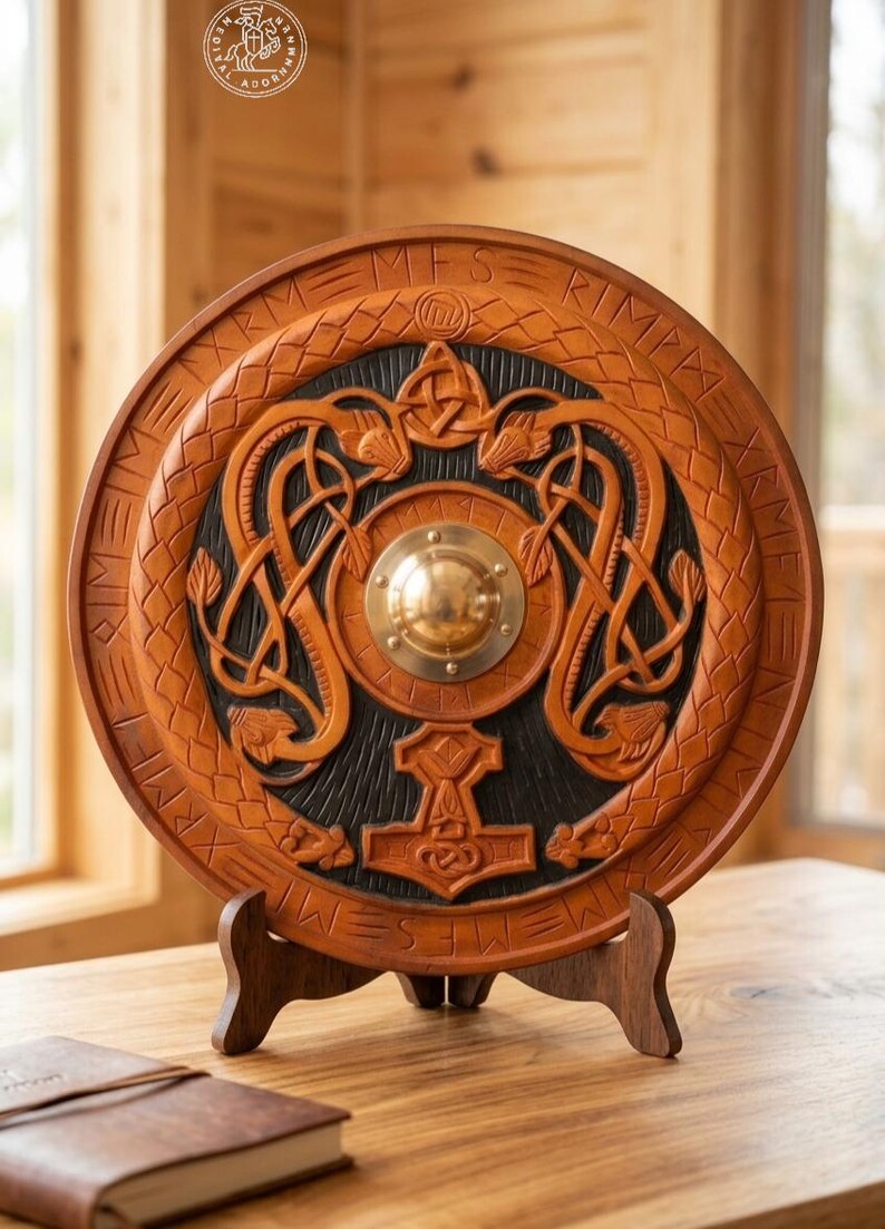 Handmade Viking Shield with Mjolnir & Runes – Wooden Norse Wall Decor