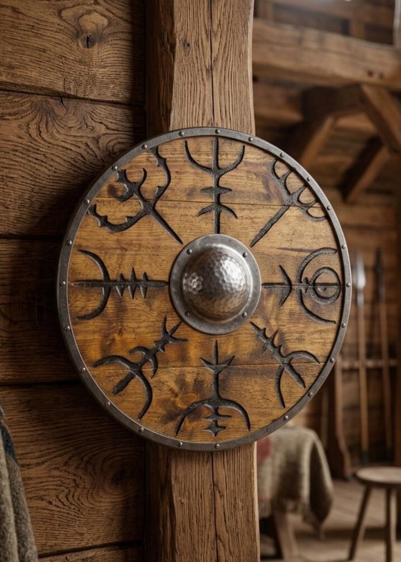 Viking Wooden Shield with Vegvisir – Norse Compass Wall Decor