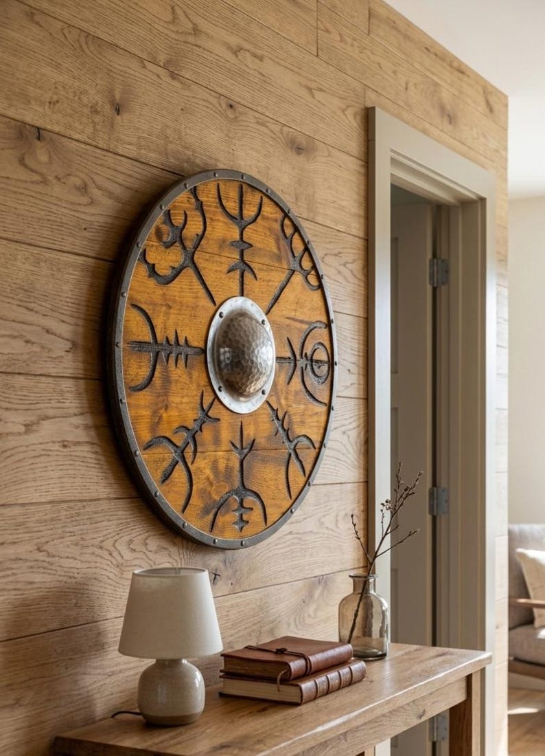 Viking Wooden Shield with Vegvisir – Norse Compass Wall Decor