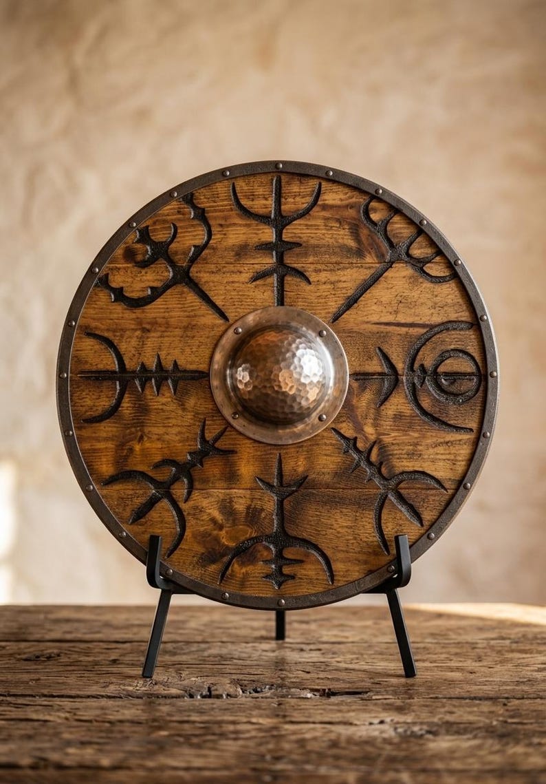 Viking Wooden Shield with Vegvisir – Norse Compass Wall Decor