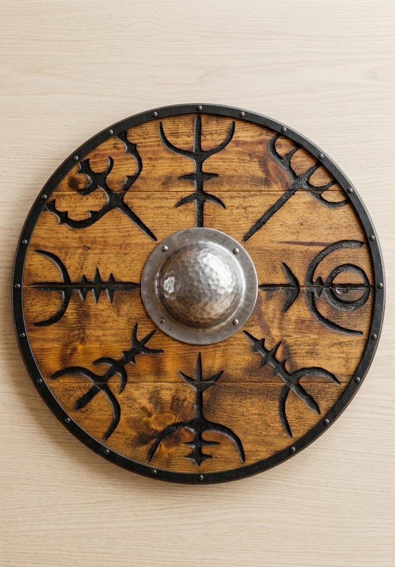 Viking Wooden Shield with Vegvisir – Norse Compass Wall Decor