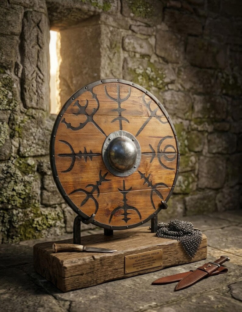 Viking Wooden Shield with Vegvisir – Norse Compass Wall Decor