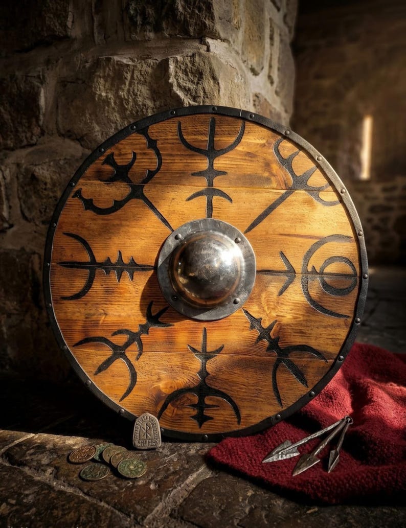 Viking Wooden Shield with Vegvisir – Norse Compass Wall Decor